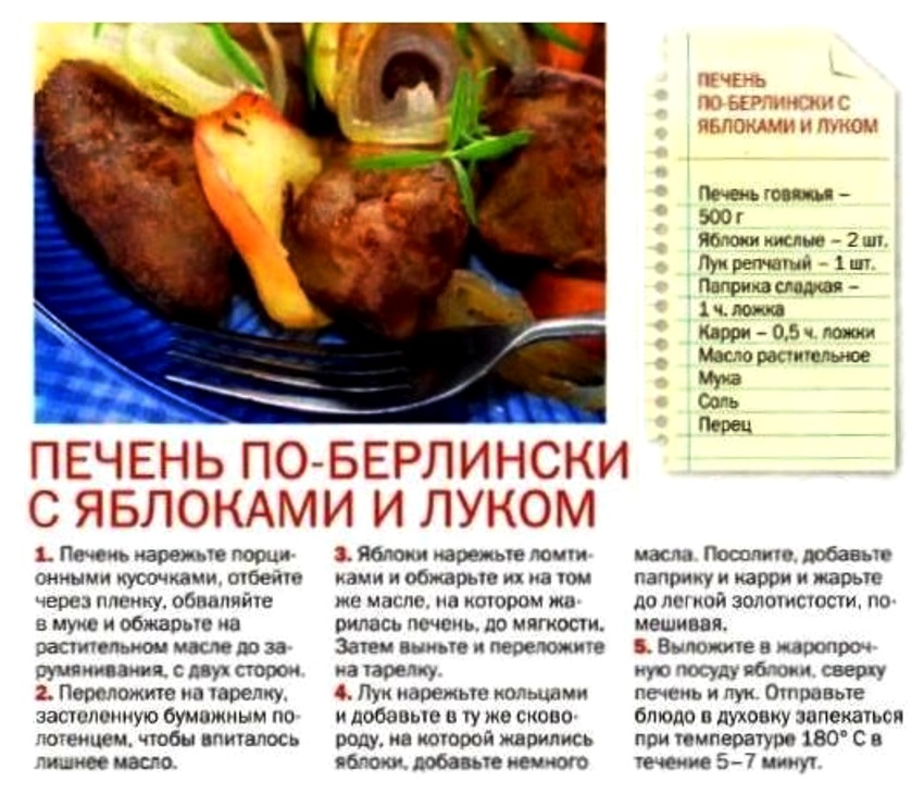 Печень по берлински с яблоками и луком