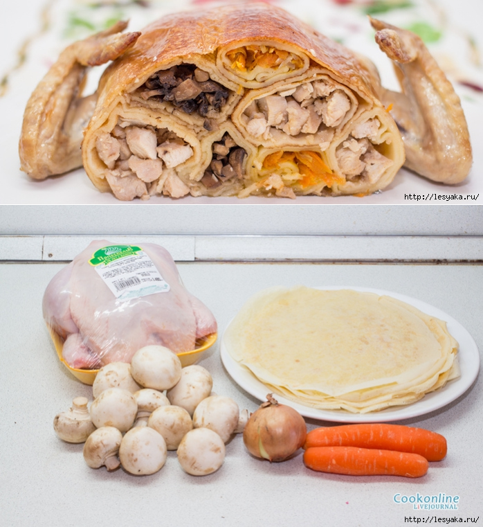 Курица фаршированная блинами и ветчиной