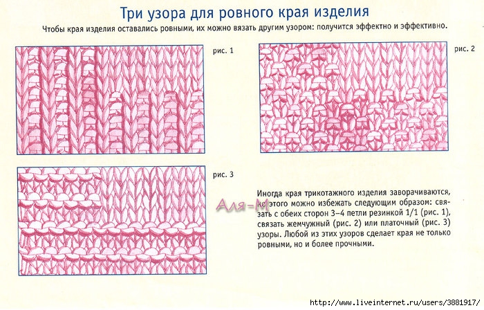 Три узора. Вязание спицами ровный край изделия. Вязка спицаии края ровныевертикальнные. Закругленный край вязаного изделия спицами снизу схема. Вязание спицами низа изделия без резинки со схемами.
