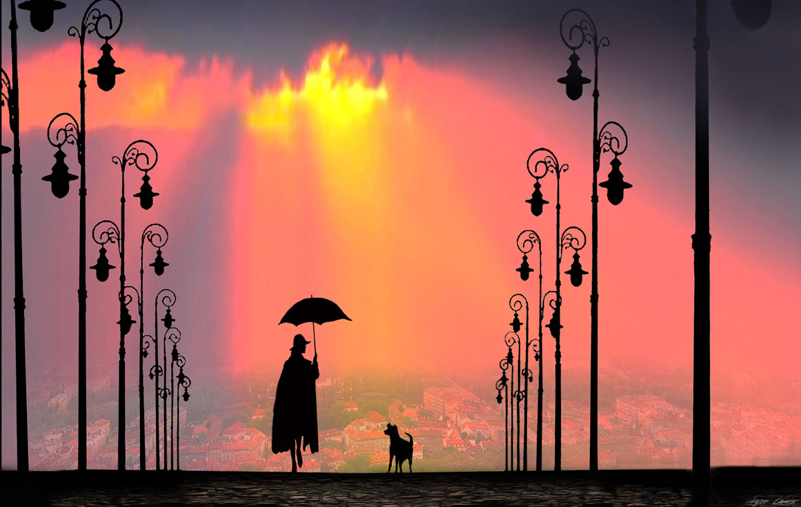 Девушка с зонтом на закате