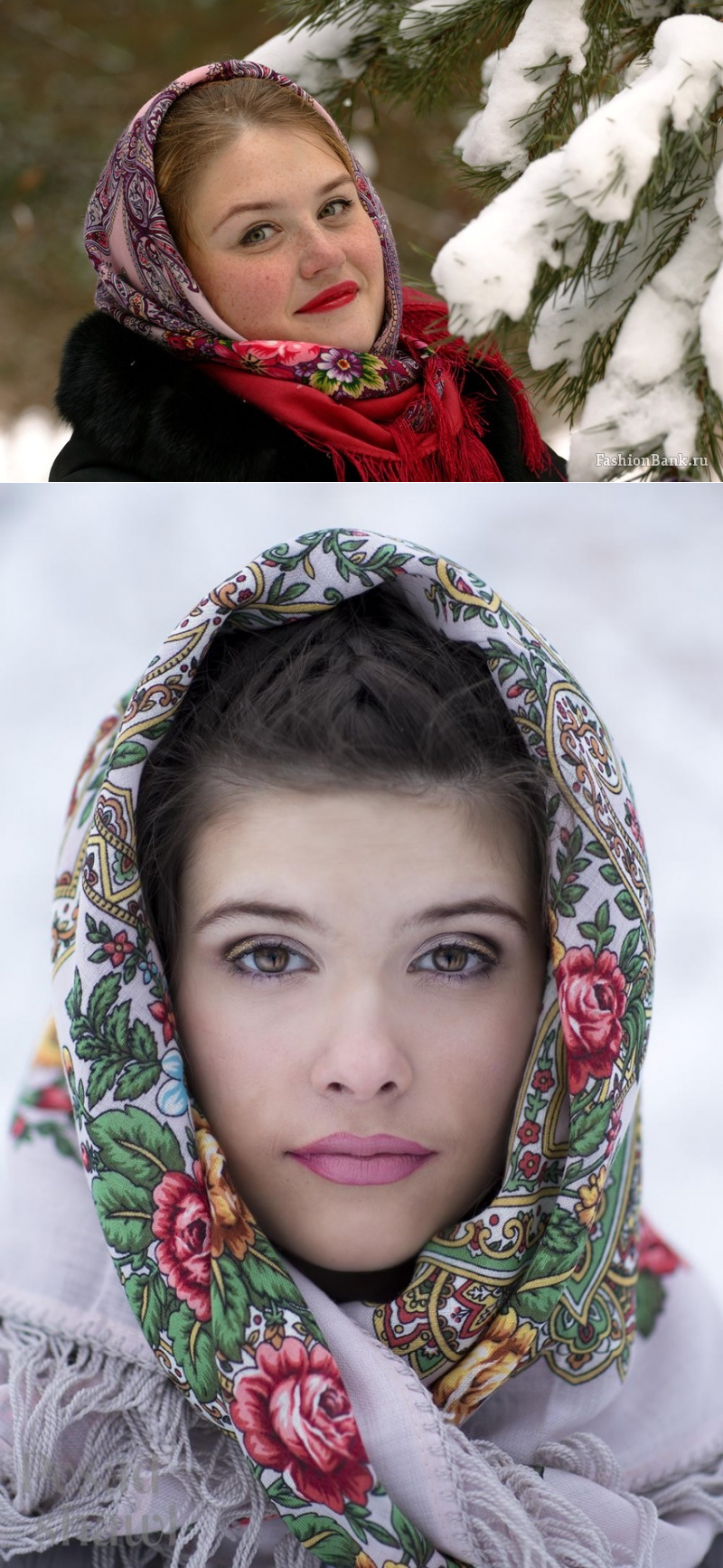 Красивый русский платок. Зимний платок на голову. Девушка в платке.