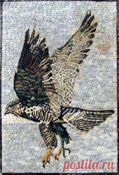 Mosaic Wall Art - Hunting Falcon A portrait of a soaring Falcon using hand-cut mosaic tiles with warm hues for an authentic look to your indoor or outdoor walls. Customization available for size and border to create the perfect look you need. Mosaic Uses: Floors Walls or Tabletops both Indoor or Outdoor as well as wet places such as showers and Pools.