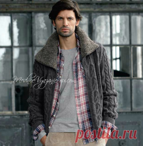 Вязаная мужская куртка с «меховым» воротником - Модное вязание