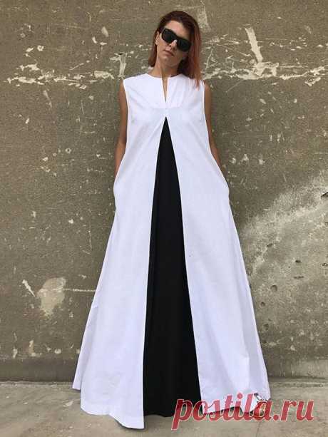White&Black Split-joint Sleeveless Linen Long Dress – potocloths