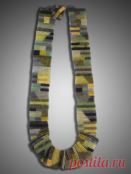 Pleated Necklace by Julie Powell (Beaded Necklace) | Artful Home Pleated Necklace by Julie Powell. Hand woven on a strong nylon warp, row by row with tiny glass beads, this necklace resembles a beautiful abstract painting to adorn your neck. Patterns are inspired by watercolors by the artist, Paul Klee, as well as the sophisticated color palette. Very light, soft and comfortable. Hand woven toggle closure, which can be made longer or shorter by the artist. Please contact C...