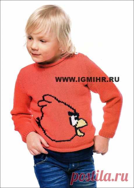 Красный пуловер Angry birds для мальчика 2-11 лет. Спицы