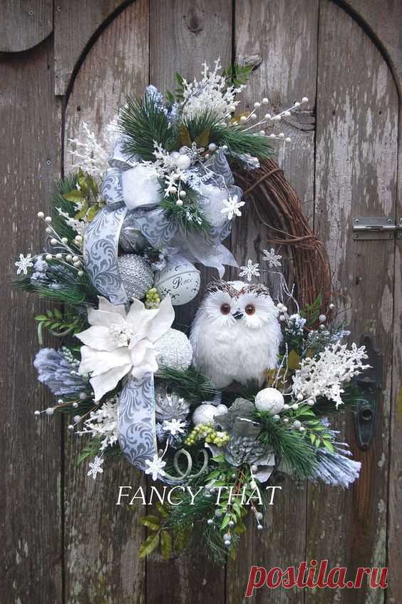 Christmas Wreath Winter Wreath Burlap Owl Wreath Snowy Greenery Snow ...