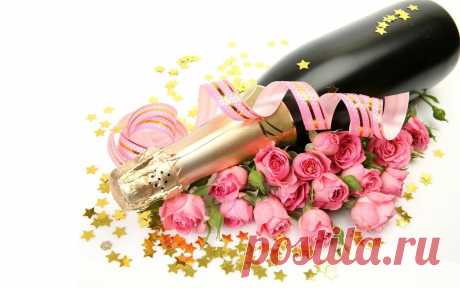 Обои бутылка, шампанское, цветы, розы, звёздочки, ленточка 1280x800, №16439