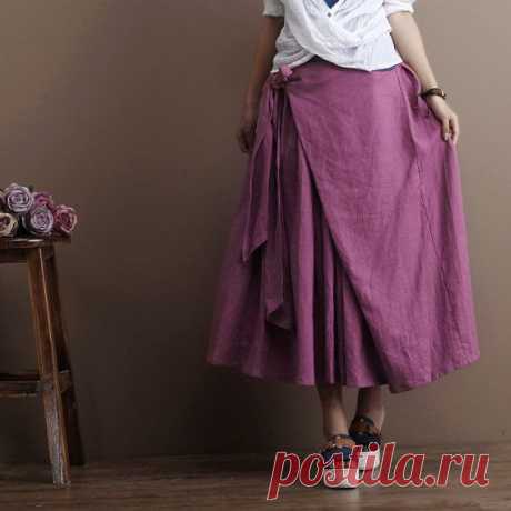Linen Irregular Long Skirt Dark Pink Women Clothing by deboy2000