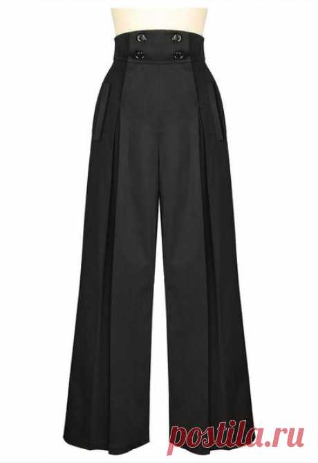 Vintage Wide Leg Pants Look hip in these pleated wide-leg retro inspired pants! These high waisted pants have four buttons on the front that function for the opening, with convenient real front and back pockets.     Available in dark khaki and black. Standard size approx. length: 44 inches; Plus size approx. length: 48 inches. Made of Sateen