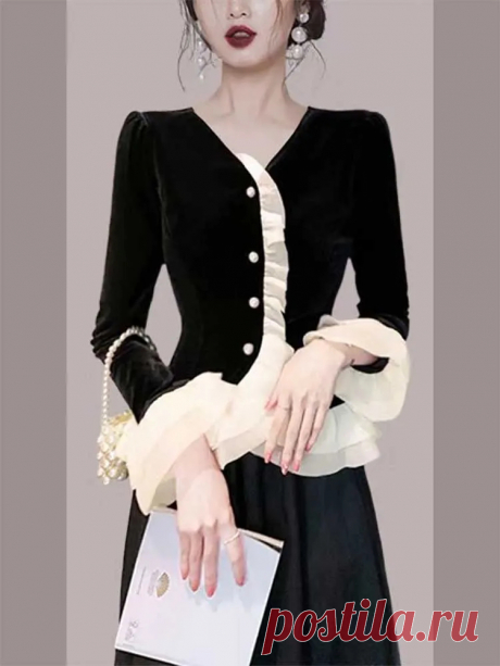 Рубашка женская с расклешенным рукавом, элегантная свободная офисная блузка на пуговицах, с оборками, в Корейском стиле, весна 2024 | AliExpress