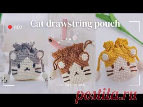 How to crochet a Cat drawstring pouch bag ✨️ cute crochet cat pouch 🐱