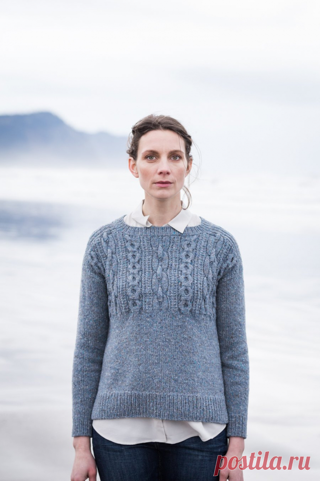 Caspian This pullover in Shelter honors every feature of the traditional gansey. Stout chain cables boldly mark the textured yoke both fore and aft. The gentlest of A-lines makes for an easy fit, and details like the split ribbed hem and decorative side seams make Caspian both eye catching and knitterly. The front and back are