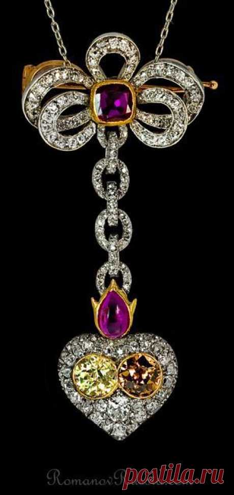 Carl Faberge antique Victorian Russian fancy colored diamond flaming heart pendant / brooch | Wendals Green приколол(а) это к доске Faberge