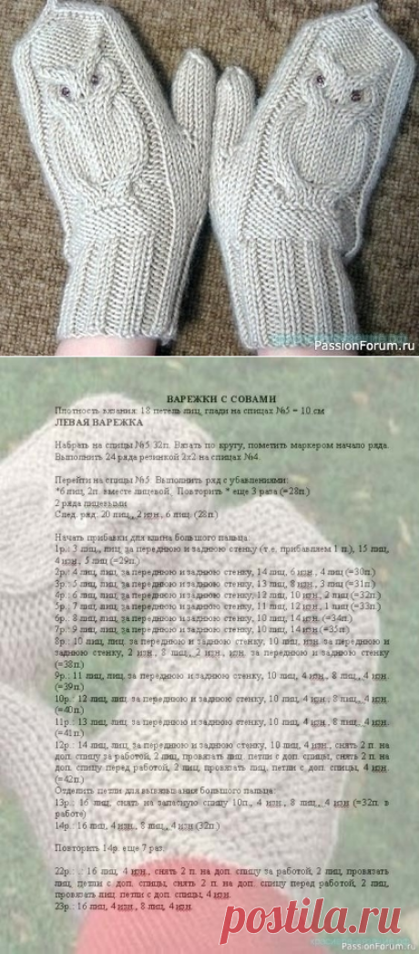 Варежки спицами узором "Сова". Описание | Вязание спицами аксессуаров