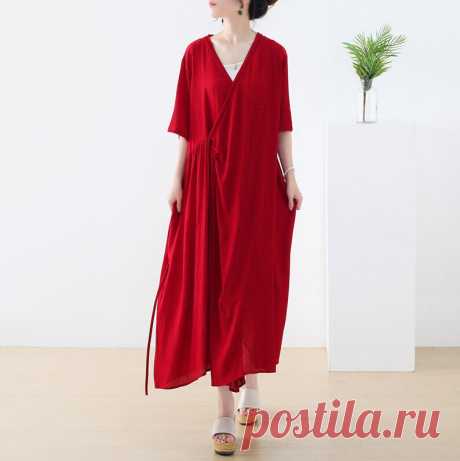 Red Linen Dress Comfortable Fit Prom V-neck Belt Dress Dress | Etsy