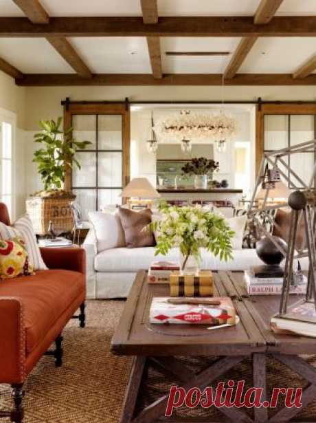 Farmhouse Style Living Room Decor Ideas Ceiling Beams Wooden Table Sofas | Interior Design - Lauren Albanese ID-7389