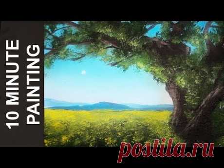 Painting a Field of Flowers Under an Oak Tree with Acrylics in 10 Minutes!