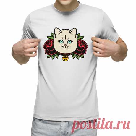 Мужская футболка «Кот Old Style Tattoo» цвет белый - дизайнер принта Kaplio