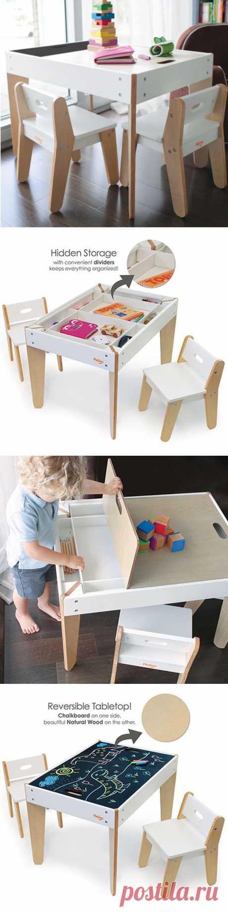 P'kolino Little Modern Children's Table with reversible top and built in storage compartment. This toddler table has reversible chalk table top (to quickly hide any mess) and two ergonomic child chairs. Playfully stylish design fits bedroom, playroom or family room. P’kolino meets or exceed US, EU, and Canadian safety standards.
