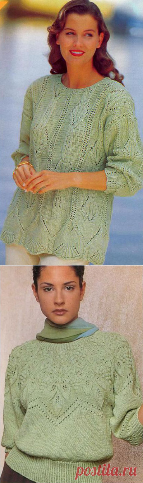 2 интересных узорчатых пуловера в оливковых тонах спицами – схемы и описание