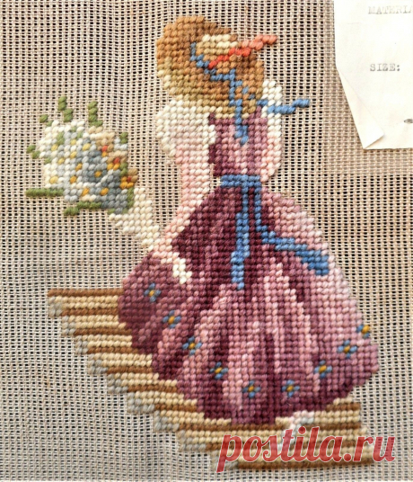Vintage 1940's Crinoline Lady Floral Kit Preworked Penelope Needlepoint Canvas • $4.95 VINTAGE 1940'S CRINOLINE Lady Floral Kit Preworked Penelope Needlepoint Canvas - $4.95. 1940's era cotton pre-worked needlepoint canvas (the pre-stitching is pure wool). 13" x 13" total. The pre-stitched area is 7.25" x 6". I've added some 1970's era wool yarn with this (ivory shade) to work the background stitching with (SEE PHOTOS). I'm not sure it will cover the entire background to t...