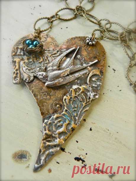 Textured Silver and Brass Swallow Heart Pendant