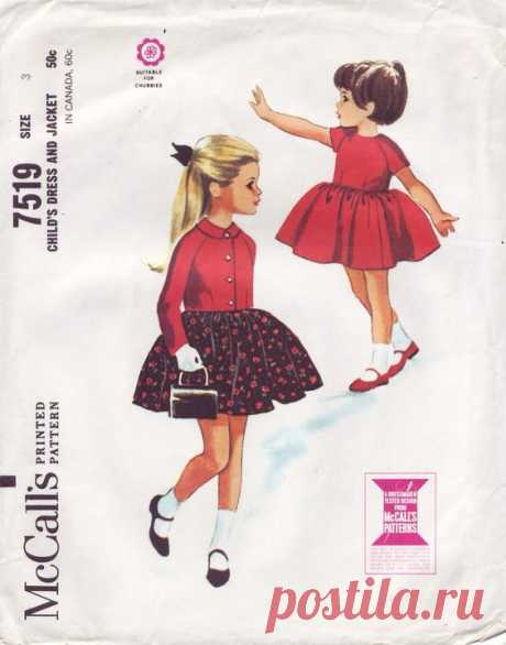 McCall's 7519;©1964;Girls dress and jacket: Back buttoned, raglan sleeved dress and single breasted, raglan sleeved jacket. Dress has dart fitted bodice, three piece gathered skirt, corded piping…