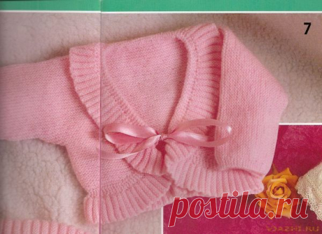 Розовое болеро для малышки с лентой на спицах.Описание.