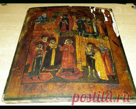 Ancient wooden icon Intercession of the Theotokos.