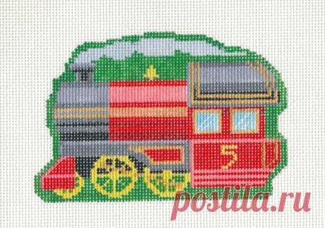 Christmas~Train Engine Ornament handpainted Needlepoint Canvas~Labors of Love Train Engine in red and green. Design is hand painted on 18 mesh mono canvas. Painted canvas area is approx. 4.5 by 3.25". Surrounding background canvas is approximately 9" by 7". Clip on Bracket included.~ by Labors of Love.