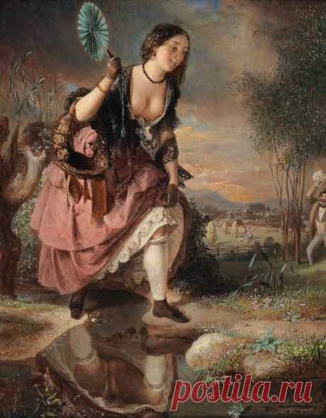 Аукционное в коллекцию... Австрийский художник бидермейер Johann Baptist Reiter (Urfahr 1813-1890 Vienna)... A Daring Step