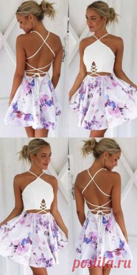 chic white floral short homecoming dresses, cheap printed summer skirts , fashion lace up back short hoco dress #homecoming