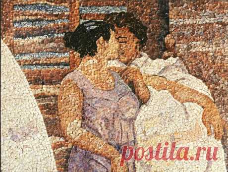 mosaico-6  “Después del baño o la bata rosa”  Comp.. Sorollesca. (1993)  (70 x 50cm.) Mosaicos con los tonos naturales de las conchas del litoral de Valencia (España) Forma parte del grupo “El arte en el mosaico”