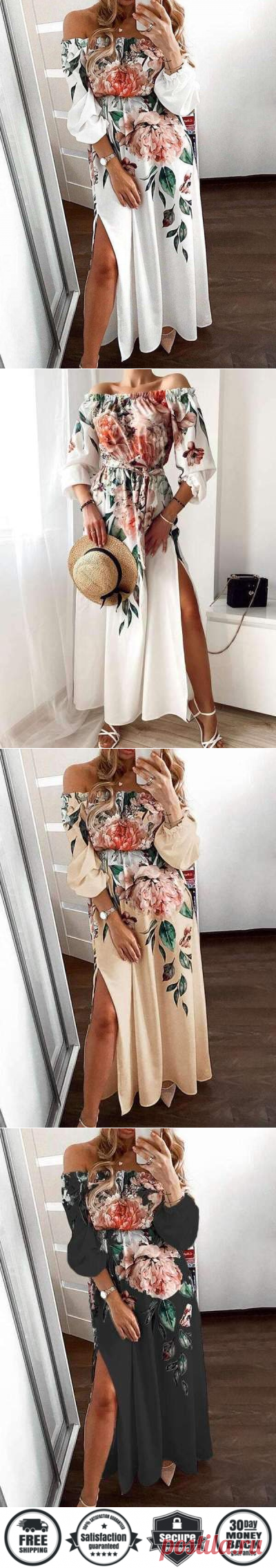 $ 33.96 - Casual Floral print One shoulder Long sleeve Vent Skater Dresses - www.clothingi.com