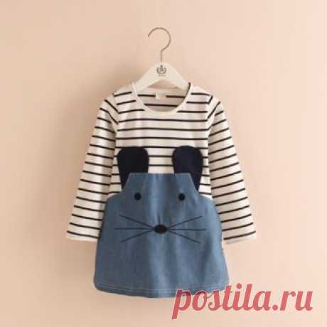 Toddler Girl's Cute Rabbit Mouse Design Striped Long-sleeve Dress | PatPat