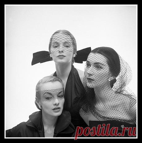 Hat fashions by Mr. John worn by unidentified model, Martha Boss (middle) and Dovima (right), photo by Milton Greene for LIFE, January 23, 1951