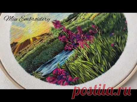 Needle Painting Landscape ☀️ Sunrise ☀️  6 Days Hand Embroidery Timelapse