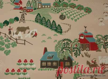 1940's Vintage Wallpaper Pink background with Farms and Houses