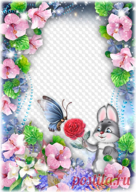 PSD, PNG, photo frame, cute bunny, butterfly and flowers. Transparent PNG Frame, PSD Layered Photo frame template, Download.