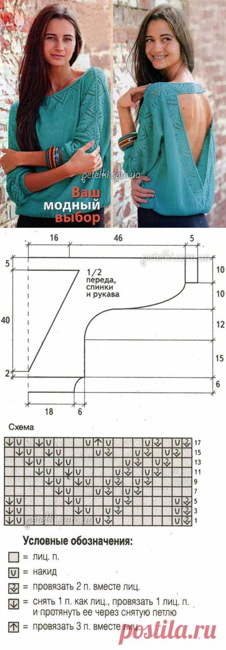 Пуловер спицами с открытой спиной. Описание вязания, схемы