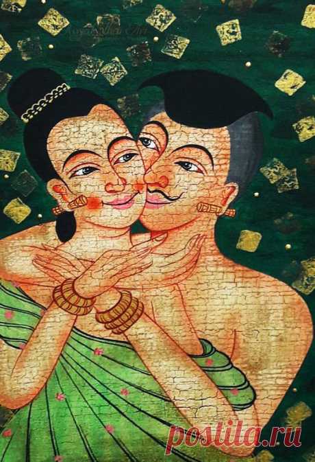 Ancient Asian Art The Love Whisper Thai Painting | Royal Thai Art Masterpiece of Thailand's ancient Asian art, the Love Whisper. The painting is a replication of the actual mural wall art at Wat Phumin temple, located in Nan province of Thailand. One of the most famous pieces of Thai art that still existing. Royal Thai Art presents the unique Thai culture and ancient lifestyle.