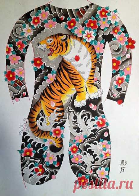 Эскиз тату в японском стиле- тигр и цветы сакуры