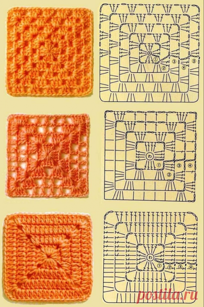 Бабушкин квадрат в одном цвете 12 схем и 12 моделей. | Клубочек, спицы и крючок. | Дзен