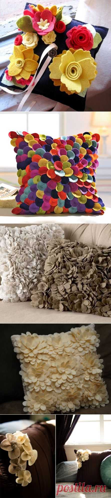 Украшение подушек цветами из фетра. Идеи +МК