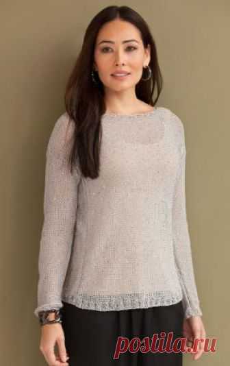 Пуловер Каролина Легкий пуловер спицами для женщин, выполненный из тонкой хлопковой пряжи с добавлением металлика. Вязание модели осуществляется изнаночной гладью...