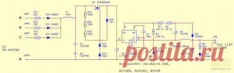 РадиоКот :: Блок питания для одно- и трехфазной сети с широким диапазоном входных напряжений на LNK304. Диапазон входного напряжения составляет 60-400VAC! Внимание! Схема не имеет гальванической развязки с сетью, при тестировании и наладке будьте предельно осторожны!