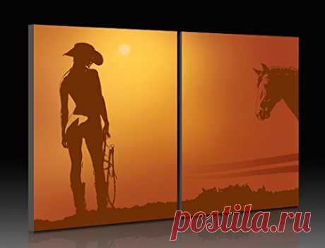 Amazon.de: arslinea Leinwandbild - lonley Cowgirl Pferd, gespannt auf Holzkeilrahmen, 2x 70x50 cm