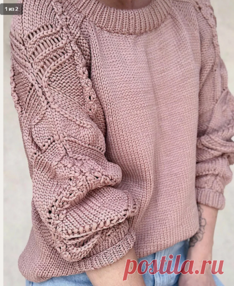 Пуловер спицами с японским узором на рукавах