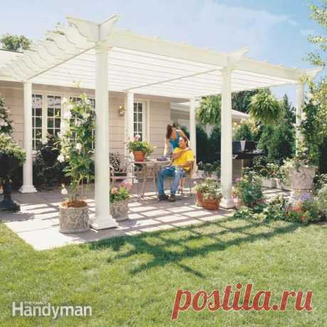 Learn how to build a pergola in your backyard to shade a stone patio or deck. These pergola plans include wood beams and lattice set on precast columns.